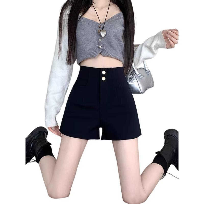 Women's High-Waist Fleece-Lined A-Line Booty Shorts - Slimming Black Suit Shorts for Spring 2025