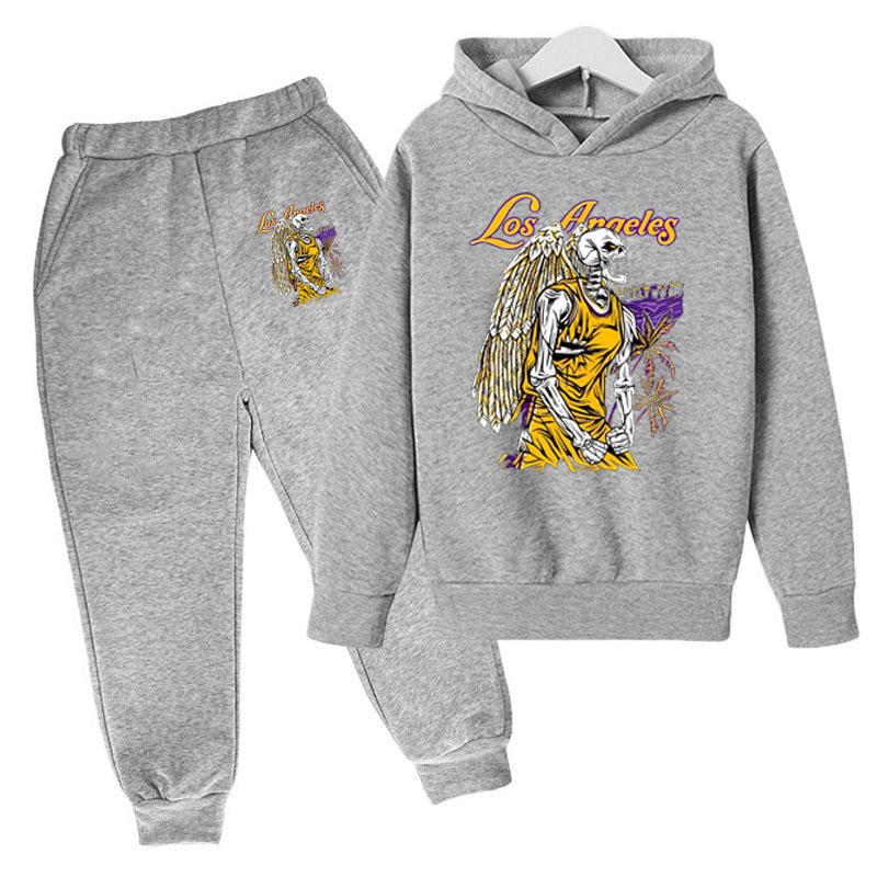 Autumn Winter Los Angeles Lakers "City of Angels" Skeleton Printed Hoodies Sweatpants Set Casual Warm Sports Long Sleeved Pants Men's Sport Wear