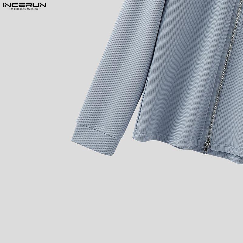 INCERUN Men Lapel Neck Long Sleeve Side Zip-up Casual Fitted Rib Pullovers Undershirts