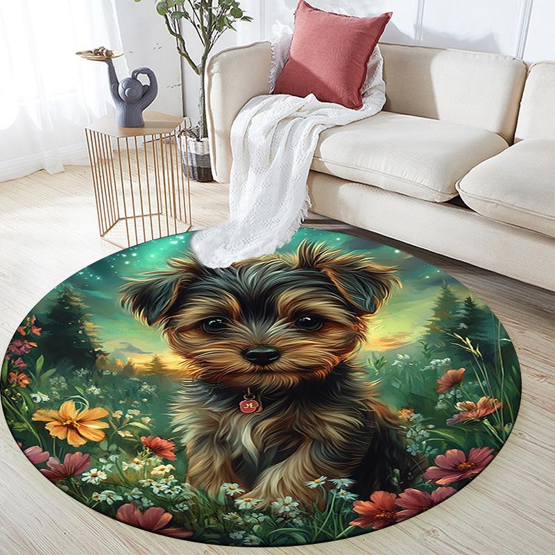 Yorkshire Terrier Round Area Rug,Carpet Rug for Living Room Bedroom Sofa Playroom Decor,Non-slip Floor Mat