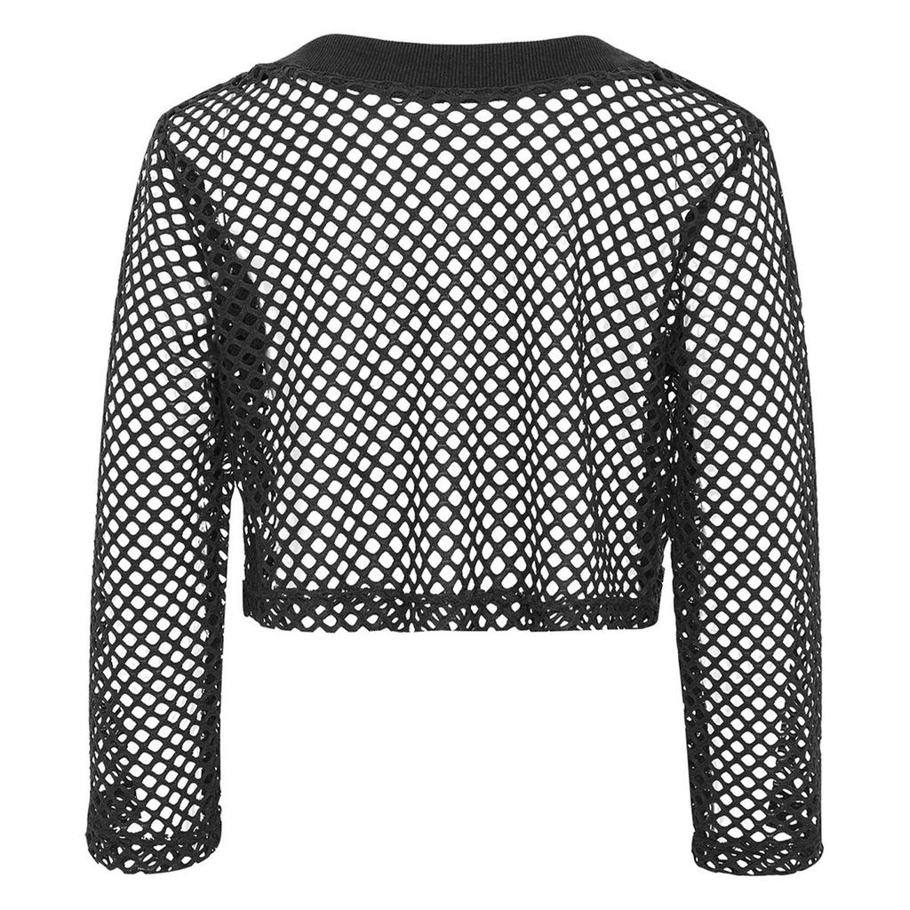 Maglietta da ragazza a rete trasparente con trafori, girocollo a coste, manica lunga, crop top, top per skateboard, hip hop, street dance