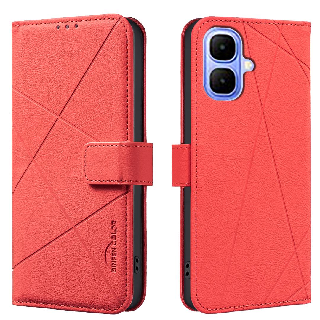 

For TECNO Pop 10/Infinix Smart 10 Case BINFEN COLOR BF35 Geometry Imprinted Leather Phone Cover RFID Blocking Wallet Stand Red