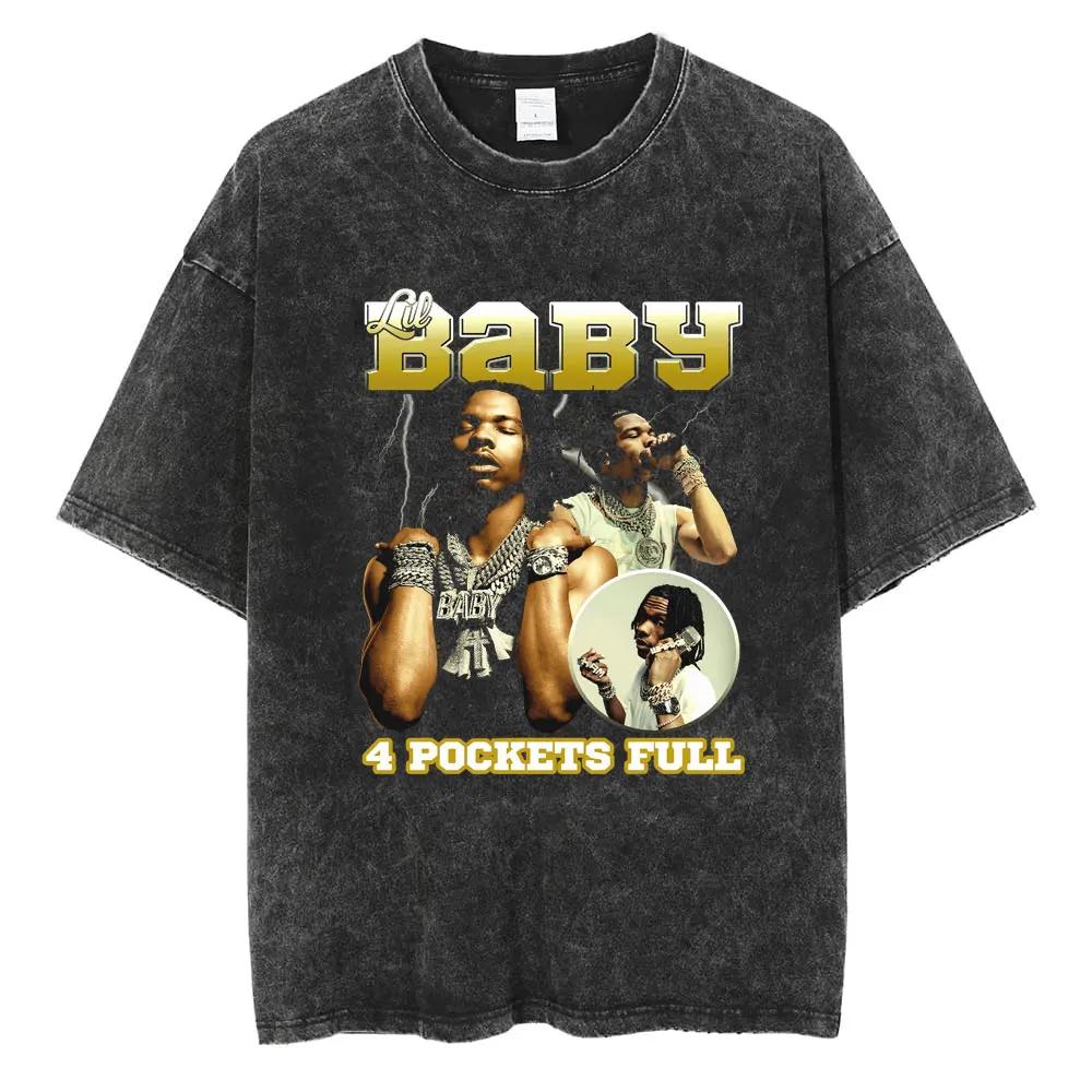 Rapper Lil Baby Wham World Tour Maglietta Lavata Vintage Uomo Donna Moda Casual Maglietta Retrò Hip Hop Magliette Oversize