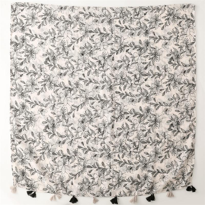 Four Seasons Scarf Women'S Cotton And Hemp Texture Scarf Bamboo Knot Yarn Black And White Flower Headcloth Air Conditioning Shawl Tassel