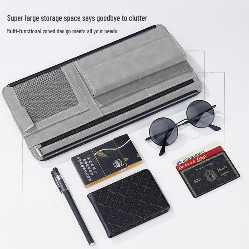 Multi-functional Car Sun Visor Organizer: Glasses Case, Sunglasses Clip, Card Holder, Storage Bag