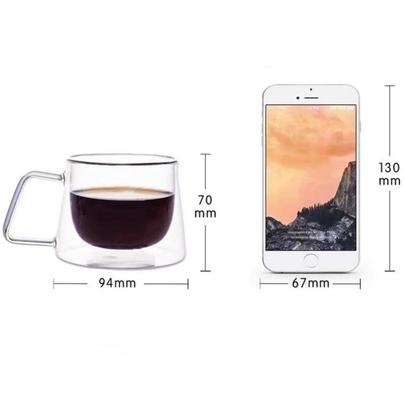 Cană de cafea din sticlă cu perete dublu transparent de 200 ml, cu mâner, ceașcă espresso rezistentă la căldură, ceai cu apă latte, cappuccino, ceai, mic dejun