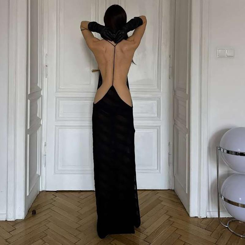 Women's New Spice Girls Sexy Side Split Large Backless Slimming See-Through Dresses