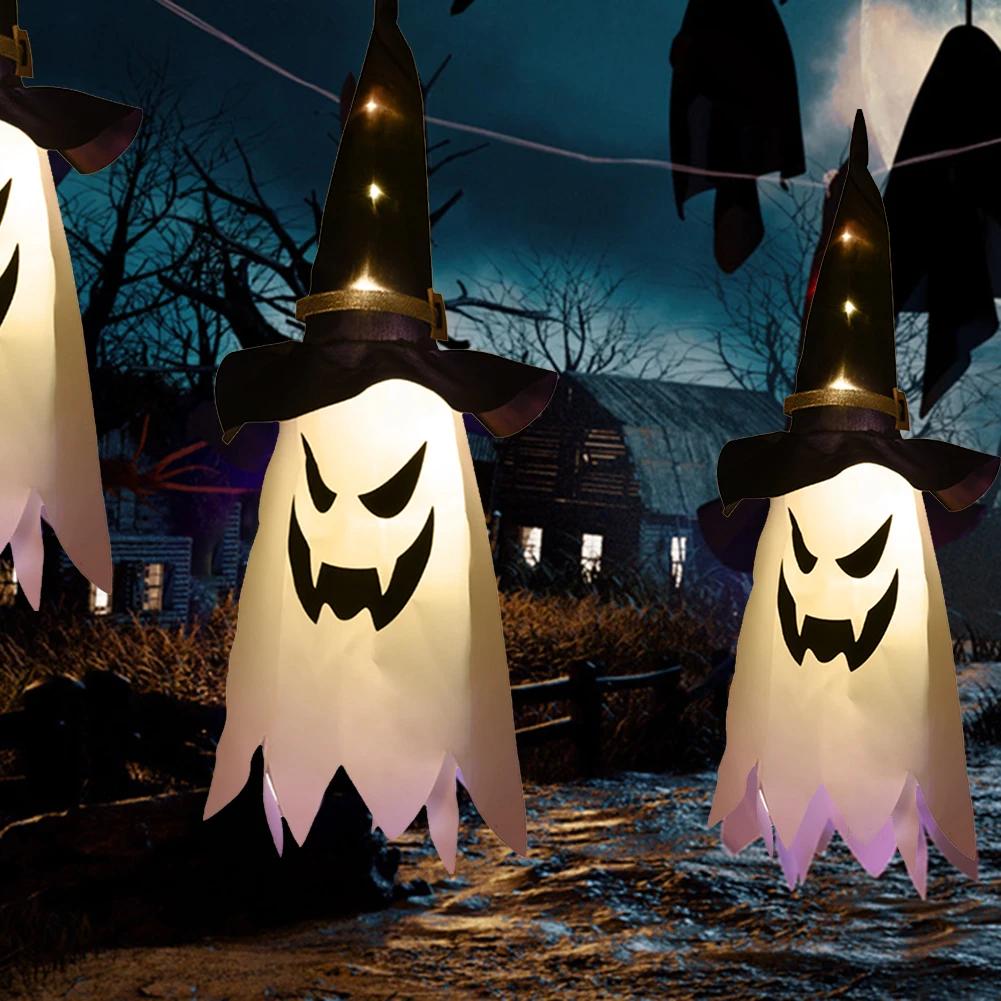 Halloween Decorations Outdoor Hanging Ghosts Lights Glowing Ghost Witch Hat Halloween Ornaments Lights Decorations for Garden