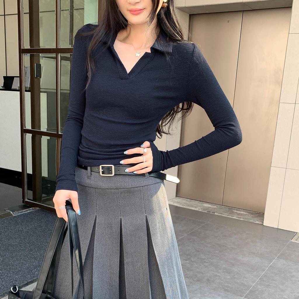 Elegant Korean Style Grey Slim Fit Lapel T-shirt: Women's Autumn/Winter Long Sleeve Base Layer Top