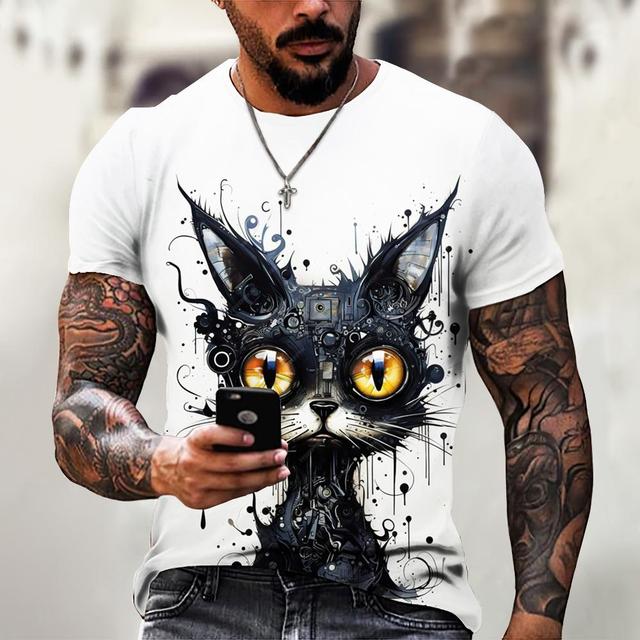 Men's T-Shirt Animation Cat Graffiti Pattern Short Sleeve T-Shirt Animal Print Tops Oversized Tees Summer Men's Clothing 4XL