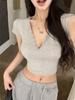 Women's Gray V-neck Cropped Slim Fit Short-Sleeve T-shirt: Chic, Sweet, Cool, Spicy Summer Style