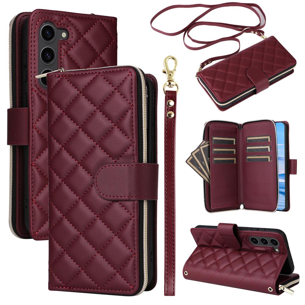 For Samsung Galaxy S23+ Case Rhombus Zipper Wallet Leather Phone Cover with Straps