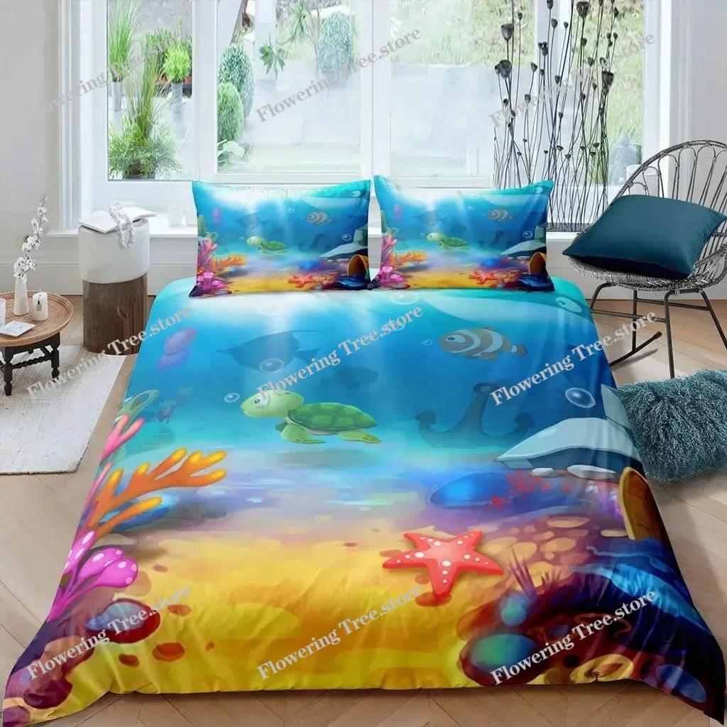 Cartoon Octopus Bedding Set KingQueen Size,Ocean Underwater World Duvet Cover Kids Sea Coral Fish Polyester Quilt Cover