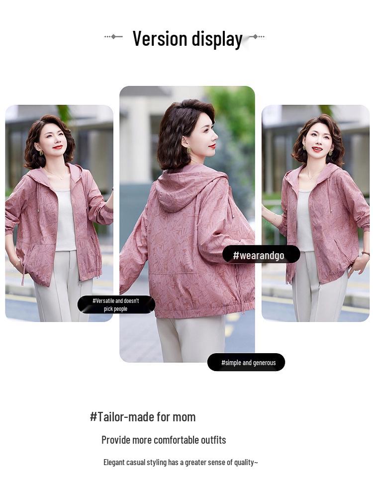 Women's Sun Protection Printed Hooded Jacket - Breathable, Loose-Fit for Middle-Aged and Elderly