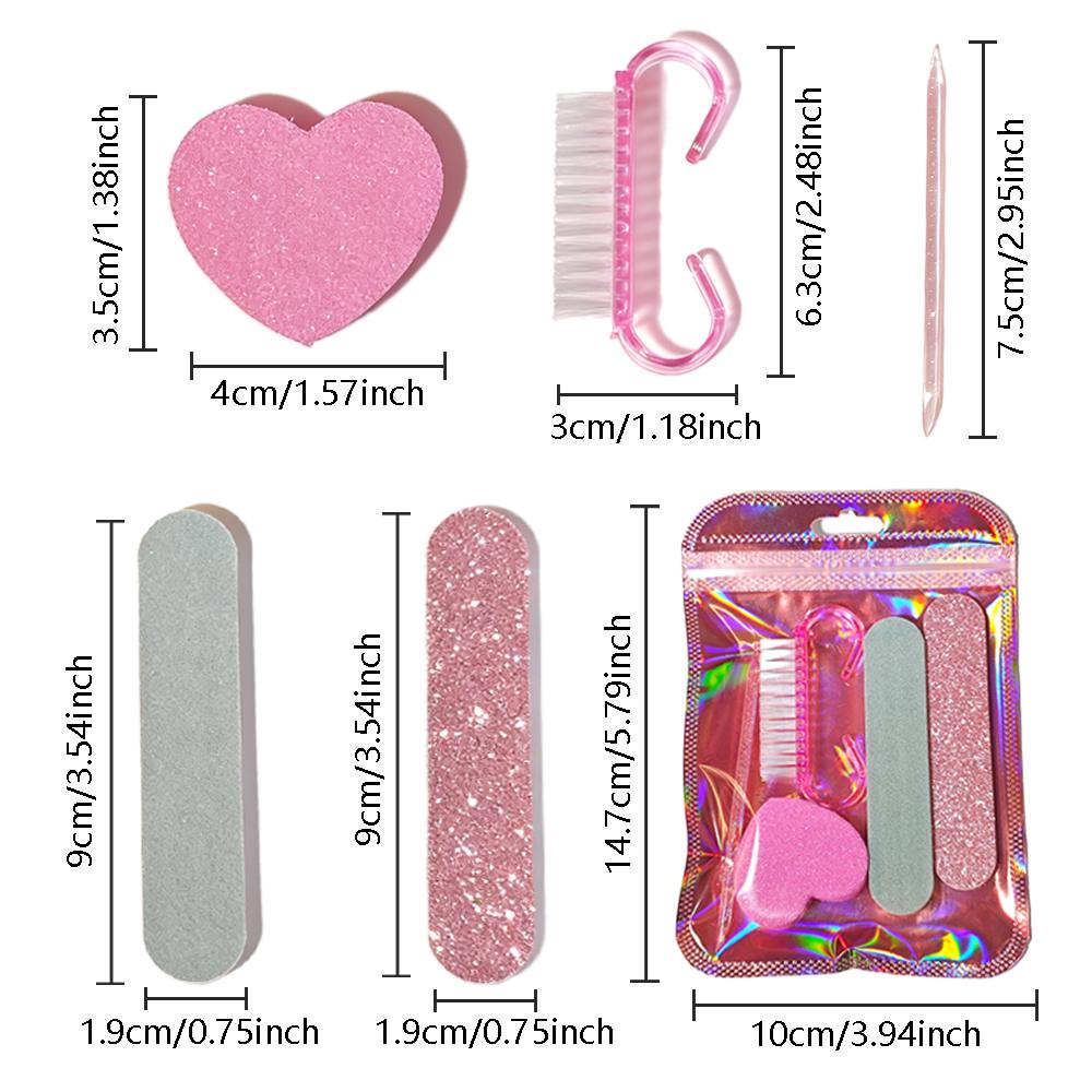5 In1 Glitter Disposable Manicure Tools Mini Nail Files Nail Brush Cuticle Remover Pusher Heart Nail Files Set