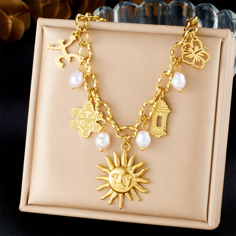 DIEYURO 316L Stainless Steel Golden Personality Sun Serie Multi Pendant Necklace Women New Fashion Neck Chain Vacation Jewelry