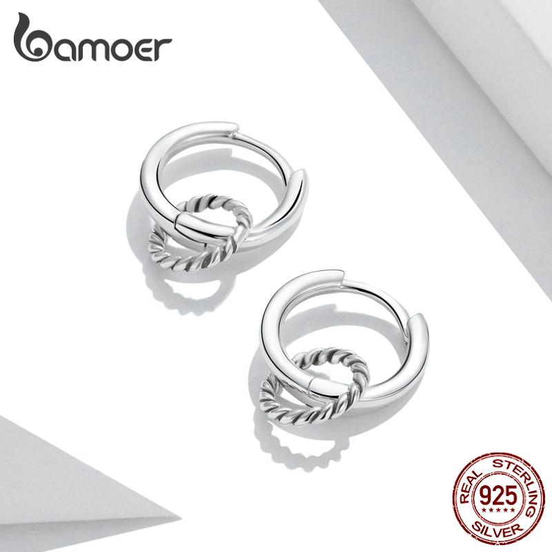 Bamoer 925 Sterling Silver Vintage Double Circle Ear Buckles Interweave Twist Round Earrings for Women Fine Jewelry Gift SCE1199