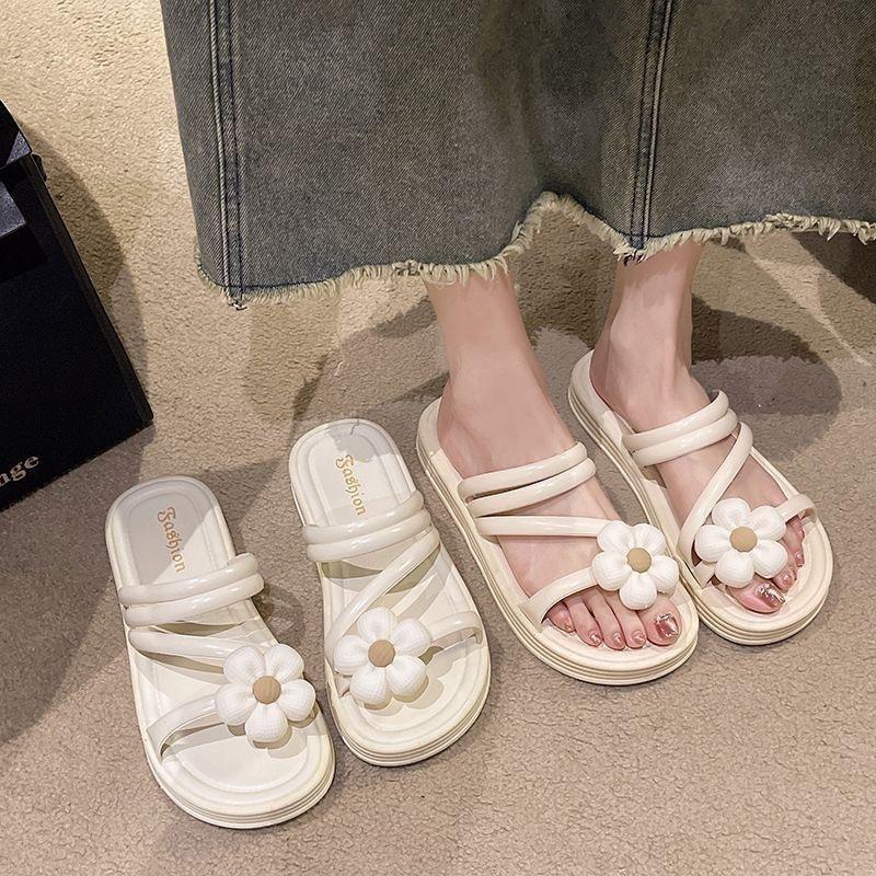 Coole Hausschuhe Damen Sommer neu ins Blumenfee-Stil vielseitig hohl dünner Riemen Französisch außen dicker Boden