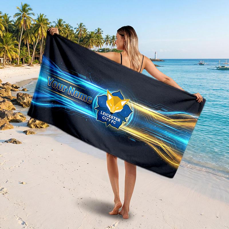 Leicester City Custom Beach Towel, Personalized Name Text Print, Football Logo Soft Quick‑Dry Towel Holiday Gift