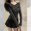 French Slim-fit Gray Irregular Cross-over Off-the-shoulder Women's Short High-end Sweater