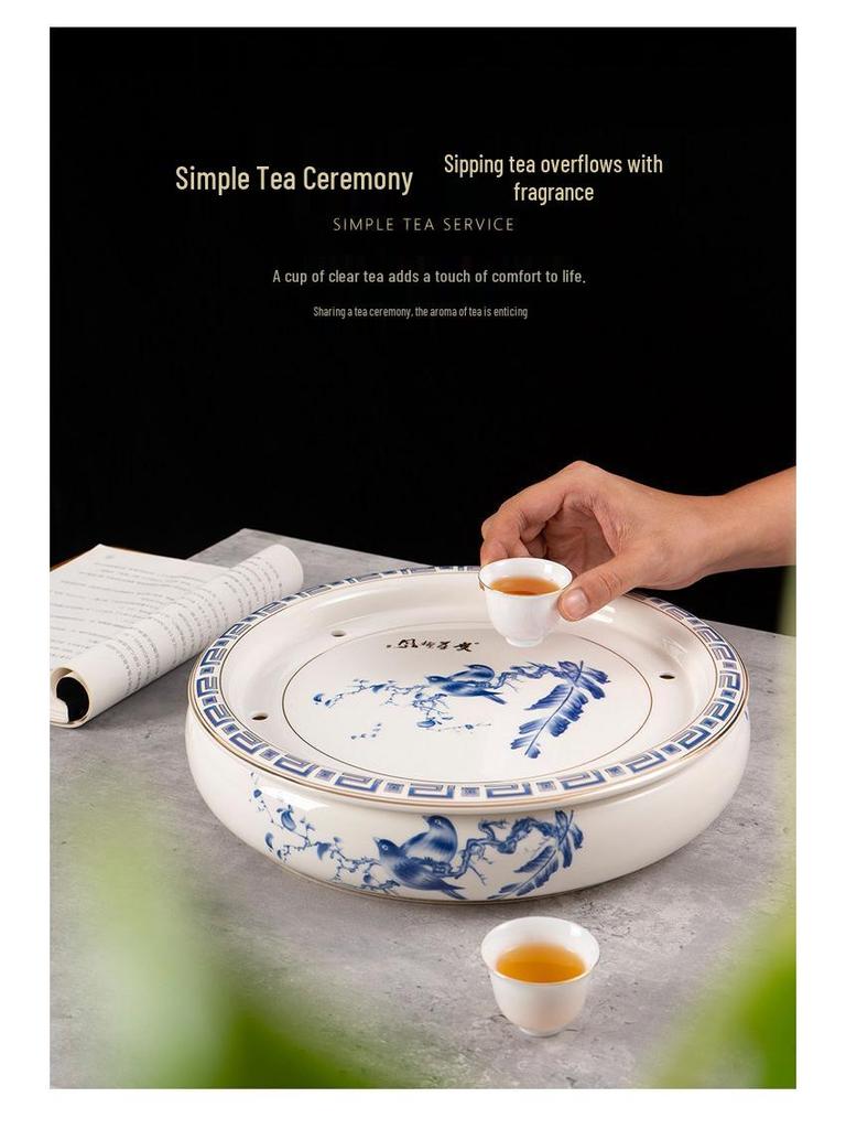 14-inch Ceramic Round Tea Tray for Gongfu Tea, with Double-Layer Water Storage