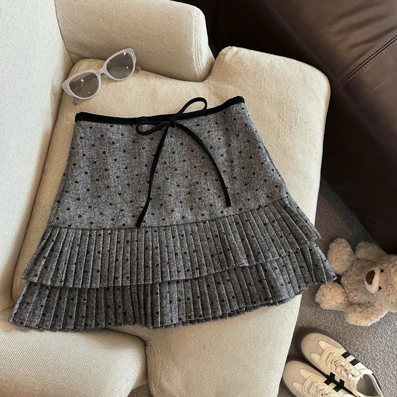 Korean Grey Polka Dot Woolen High-Waisted Mini Skirt with Bow Knot