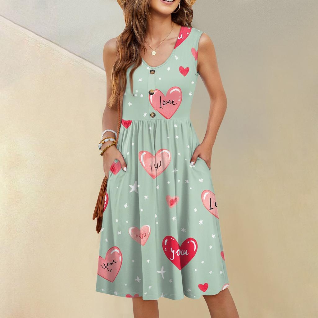 Women's Casual Fashion Sexy V-Neck Button Decoration Sleeveless Valentine's Day Tunic Dress