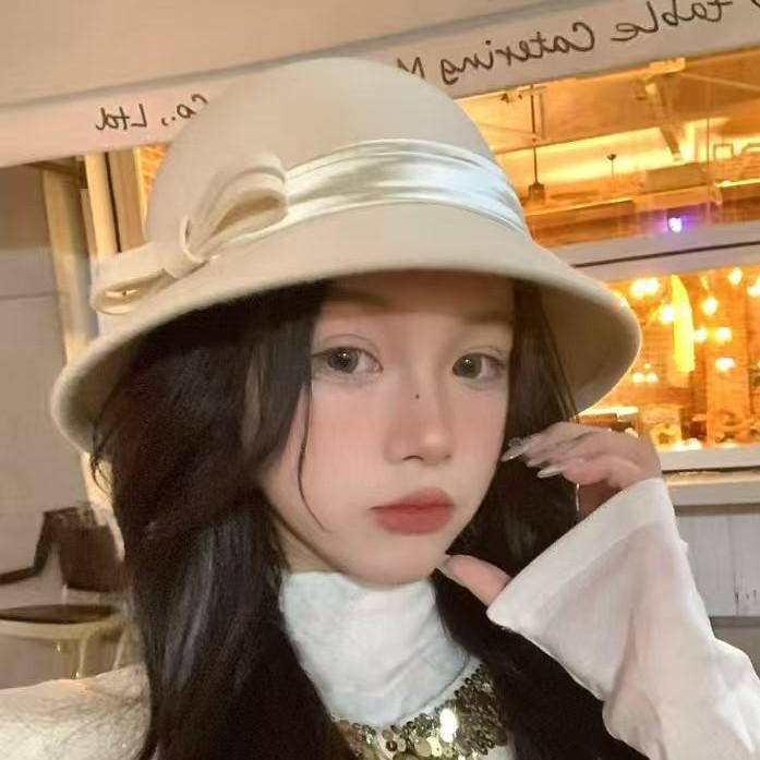 Hepburn Celebrity Style Wool Woolen Small Brim Basin Hat Women's Autumn and Winter Top Hat Simple and Elegant Bow Bucket Hat