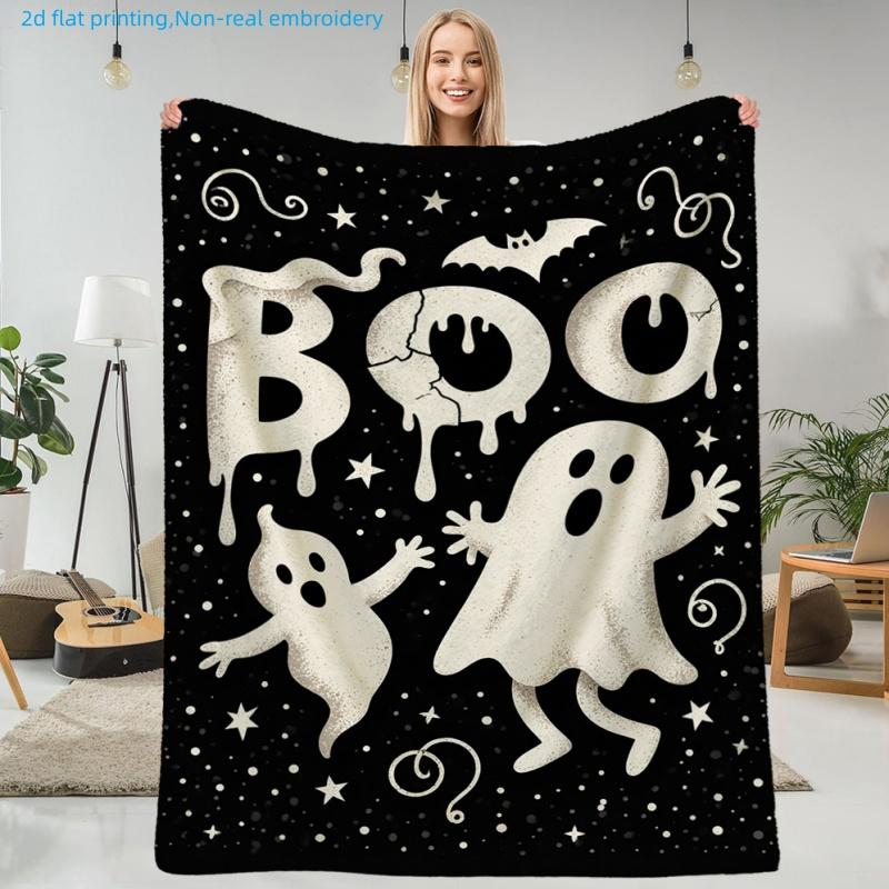 1pc Black Ghost Bat Print Blanket, Halloween Theme, Multi-Size Available, Autumn Thanksgiving Christmas Nap Blanket, Suitable for Living Room, Bedroom