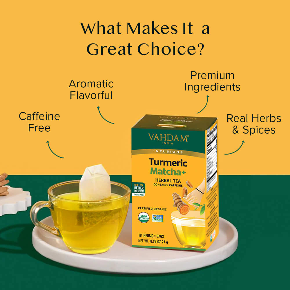 VAHDAM India, Infusions, Herbal Tea, Turmeric Matcha+, 18 Infusion Bags, 27g (0.95oz)