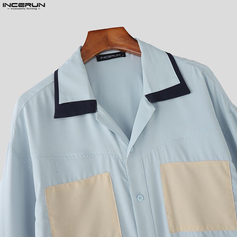 INCERUN Plus Size Men Casual Lapel Neck Long Sleeve Patchwork Buttons Shirts Tops