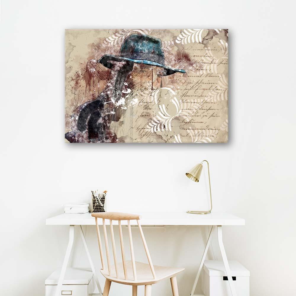 Impression sur toile, Femme au chapeau bleu shabby chic - Gisifraga