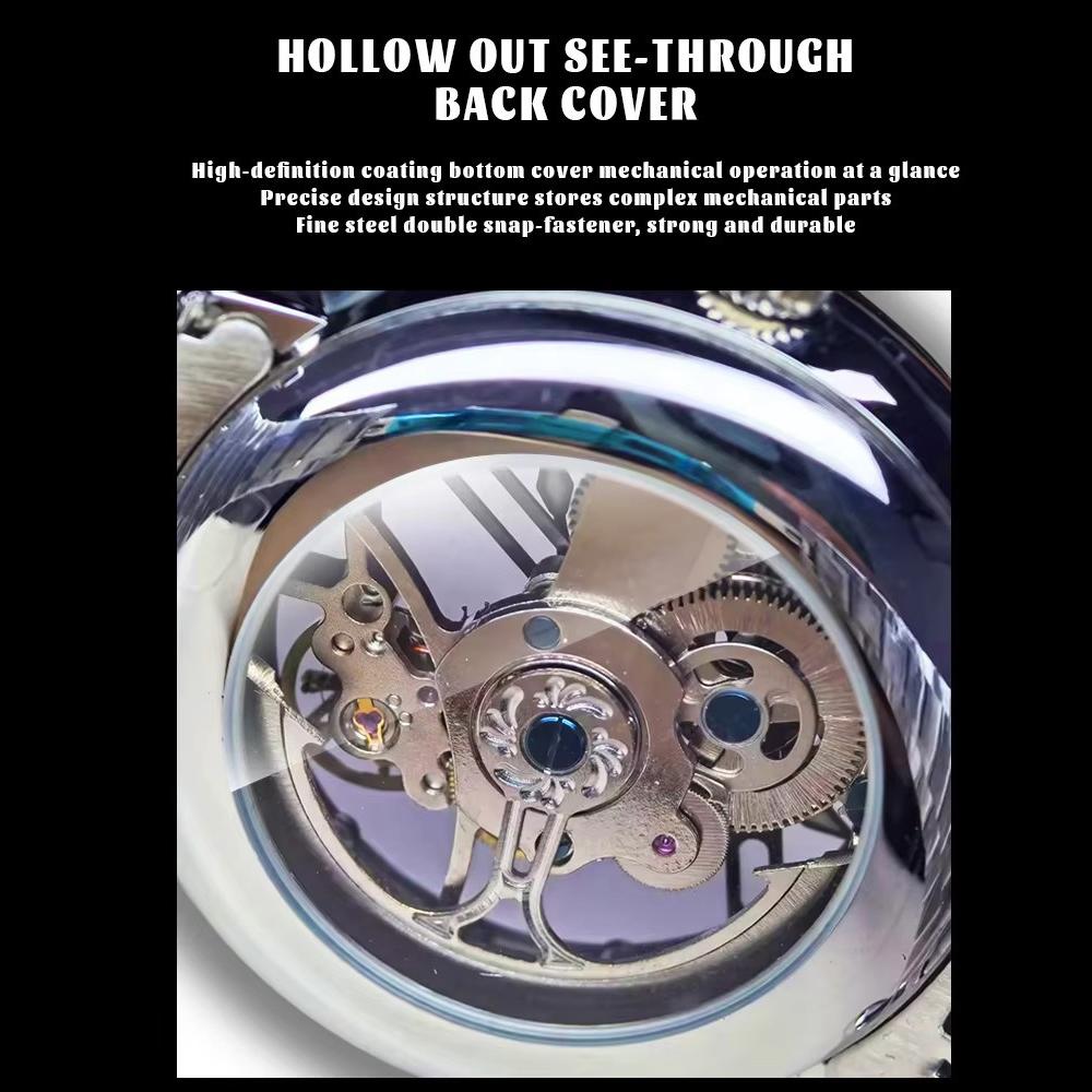 New Hollowed Out Fully Automatic Mechanical Watches for Men Fashion Color Diamond Stainless Steel Luminous Waterproof Watch