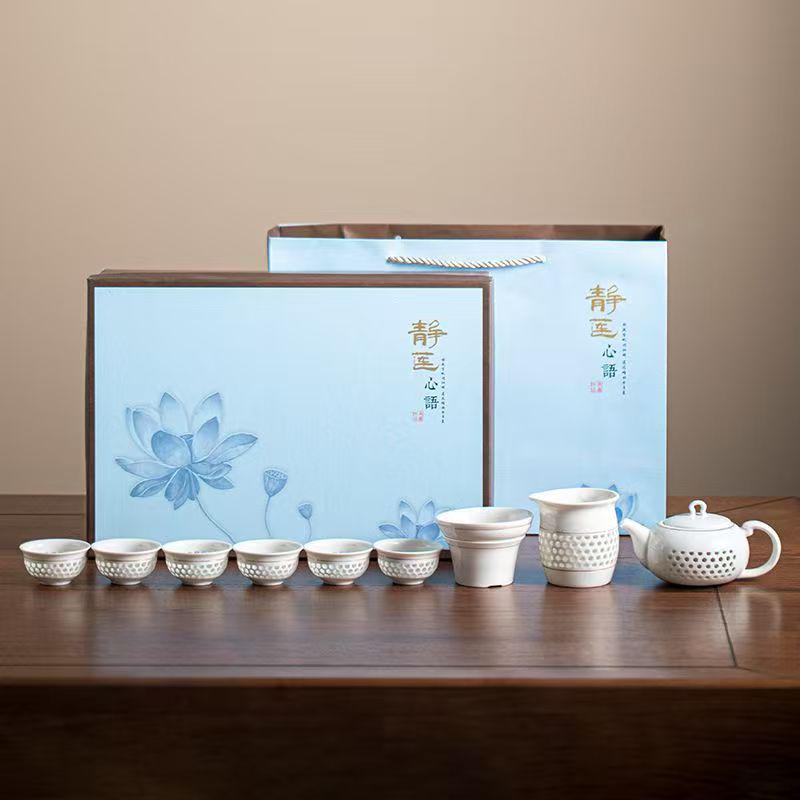 Exquisite 10-Piece Honeycomb Ceramic Kung Fu Tea Set with Teapot, Gaiwan, and Cups In a Gift Box.