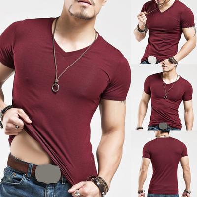 Men Plus Size Summer Basic Top Solid Color Short Sleeve V Neck Slim Fit T-Shirt