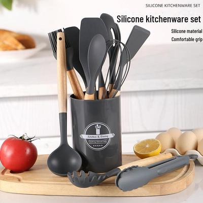 12-Piece Silicone Kitchen Utensil Set with Wooden Handles and Storage Barrel - Non-Stick Cookware