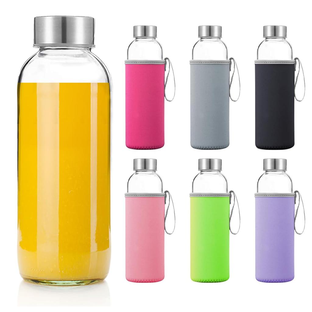 Set of 6 Glass Water Bottles 532ml Clear Bottles with Airtight Stainless Steel Lids Portable Glass Bottles with Sleeves Convenient Clear Water