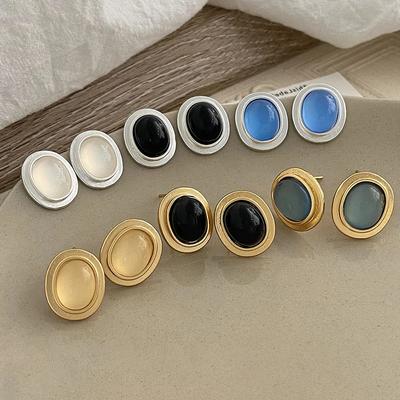 Silver Oval Stone Stud Earrings for Fashion Women Geometric Fine  Minimalist Accessories