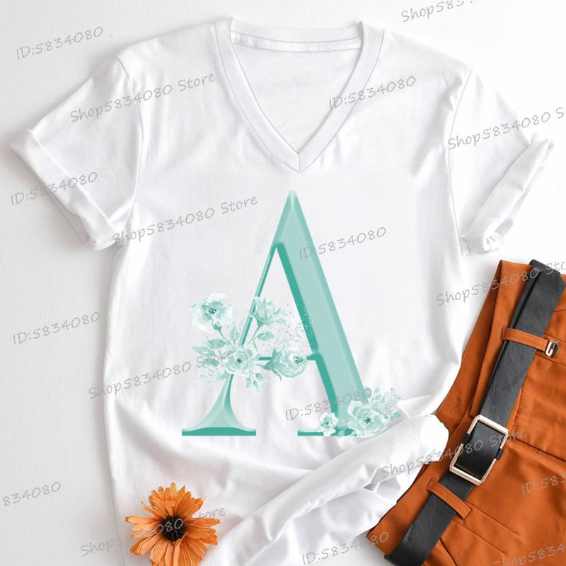 

Women Tshirts 26 Initials Flower Print Fashion Casual Tops Tees Birthday Party Classic Tops AZ English Alphabet Floral Tshirt S