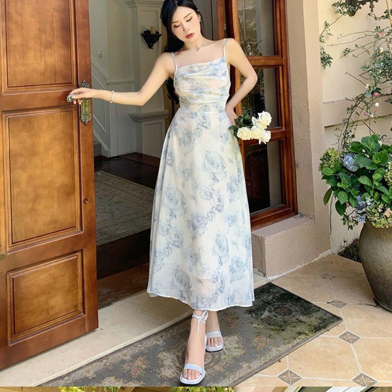 Women's Blue Floral Strappy Dress - French Tea Party, Waist-Cinched, Long Summer Beach Dress