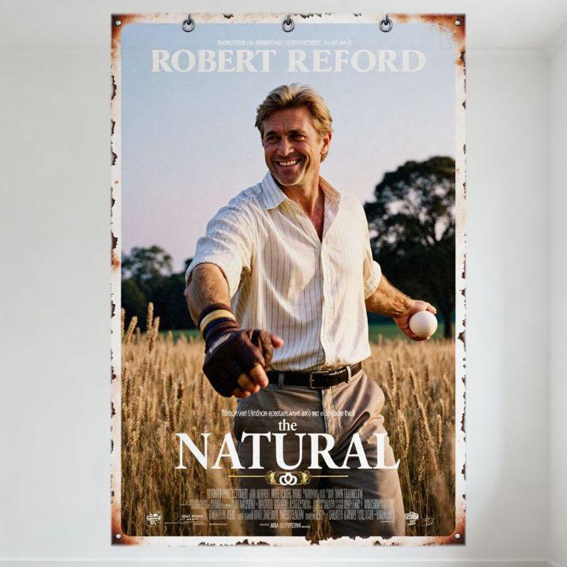 The Natural Vintage Metal Tin Sign, Robert Redford Baseball Movie Poster for Man Cave Home Decor