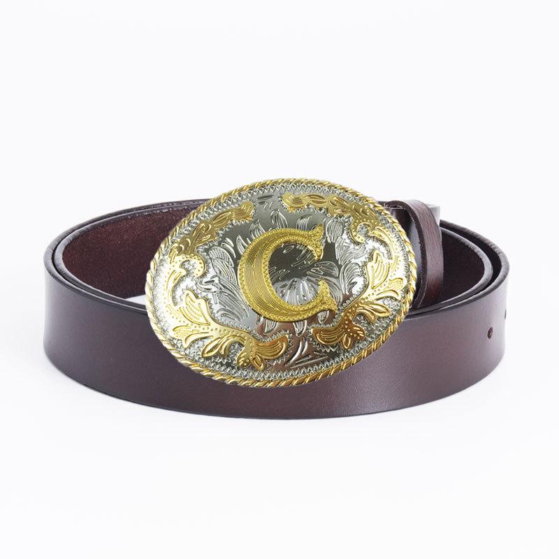 Western Style Men's Leather Belt with English Letter C - European and American Fashion Accessory