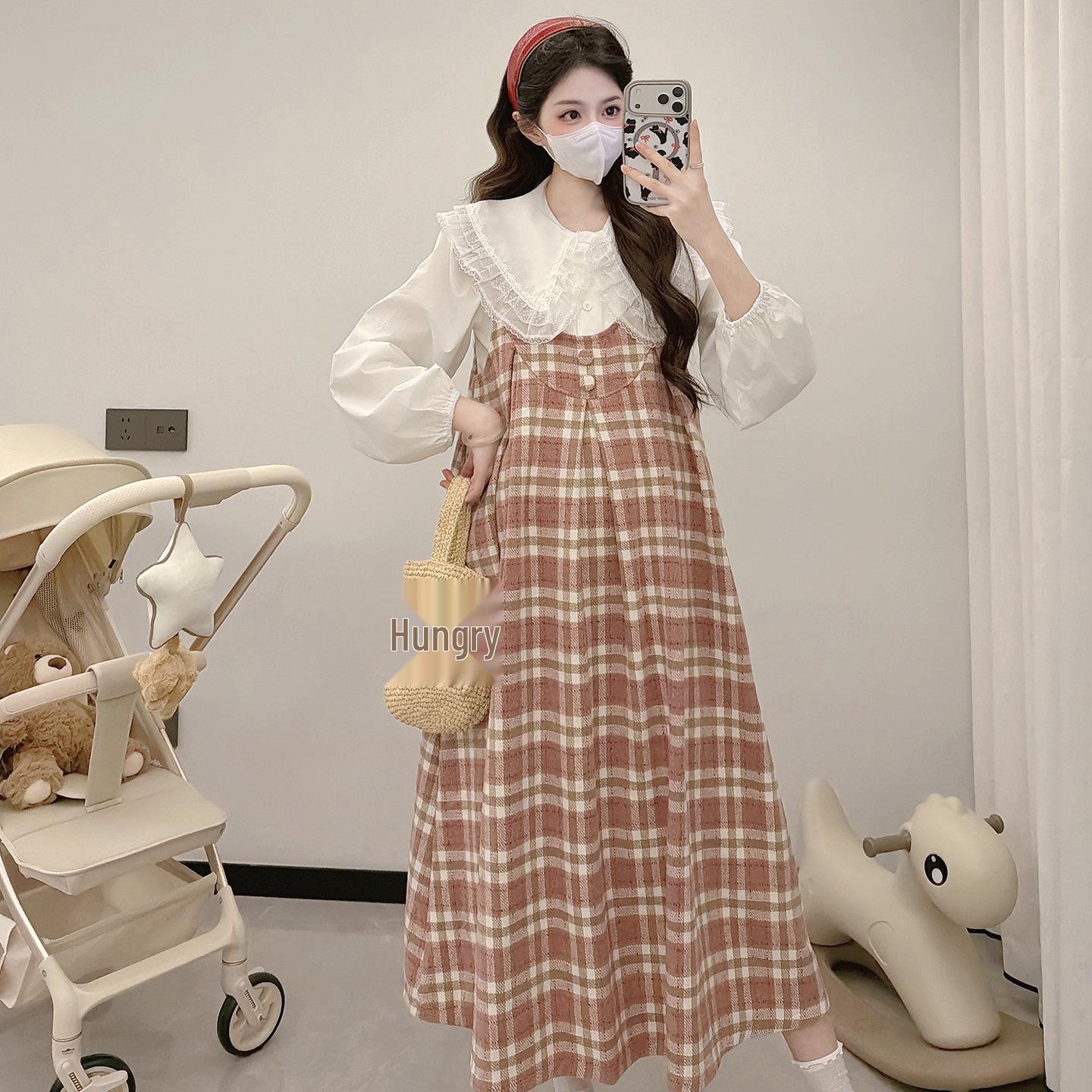 Spring 2026 Plus Size Maternity Suspender Skirt & Lace Collar Shirt Set L