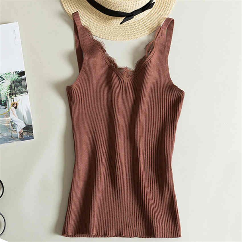 Women V-neck Lace Top Camisole Sleeveless Cotton Sexy Tanks Tops Knitted Cami Seamless Cropped Vest