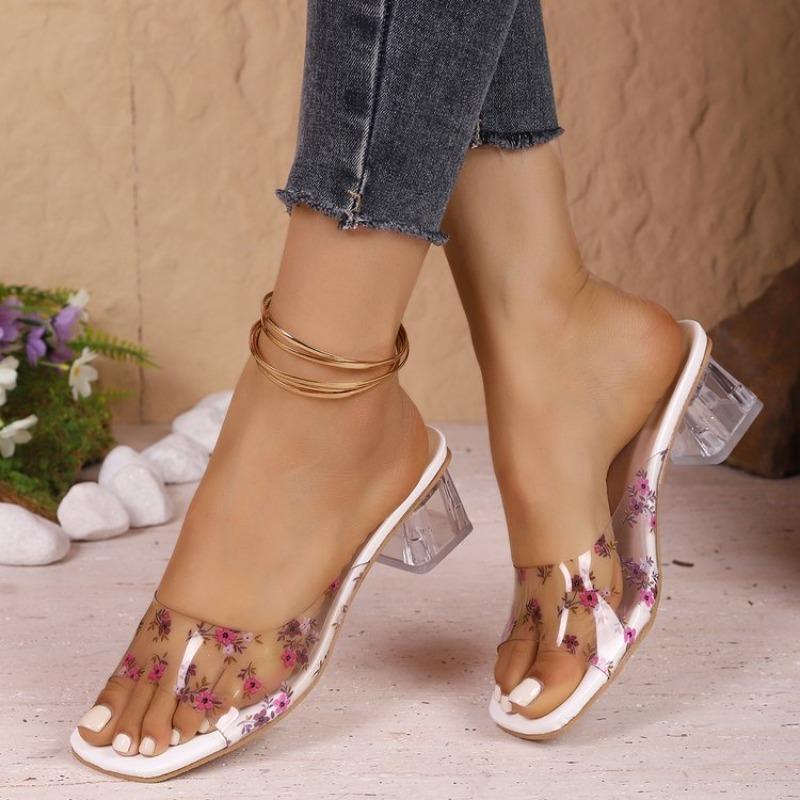 2026 Crystal Square Slippers Summer New Square Head Open-toed Printed Transparent Belt Anti-slip Wear-resistant Heel Shoes