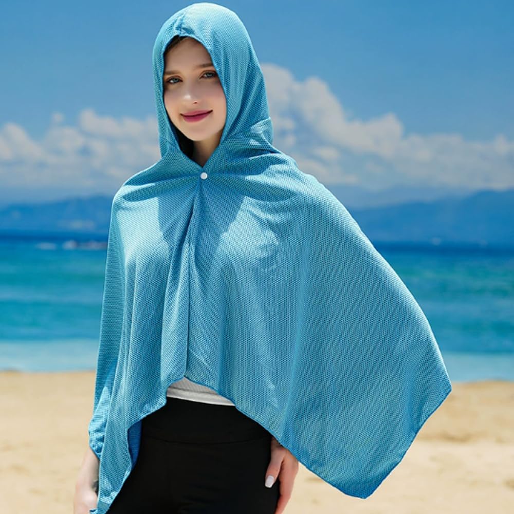 Hooded Cape with Cooling Cap Heatstroke UV Fiber Material Easy Cooling by Simply Wetting with Water Secure Hook Included Prevents Falling Off