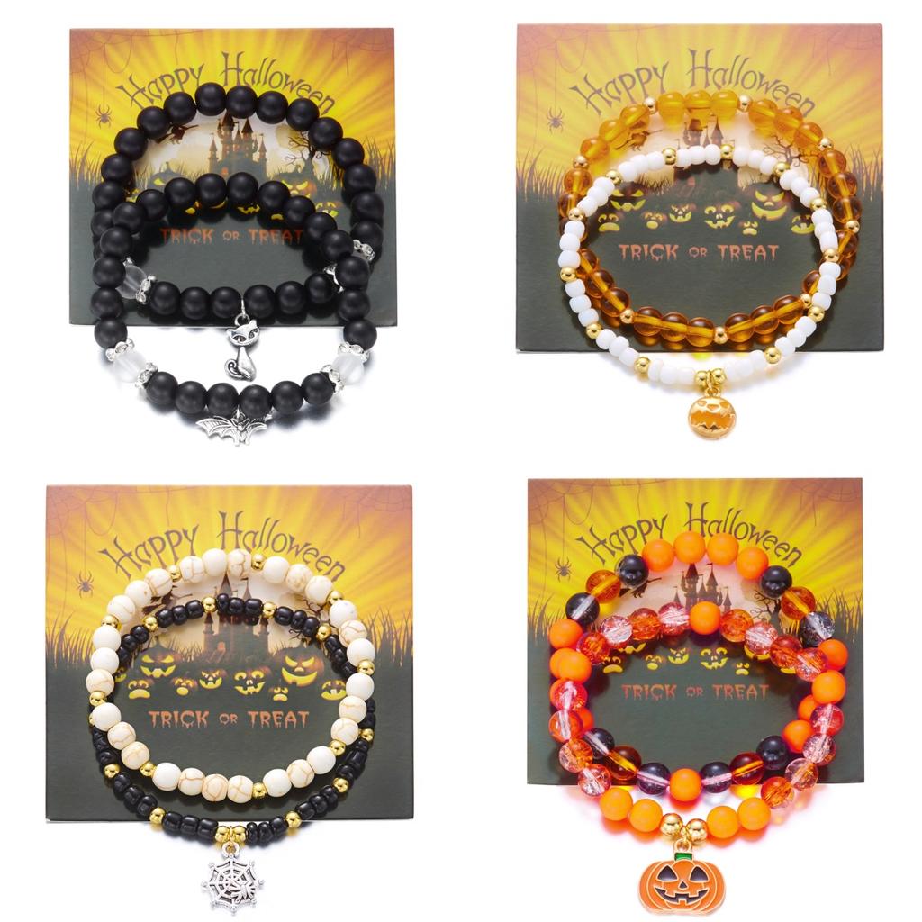 2Pcs/Set Halloween Pumpkin Spider Bracelets For Women Men Cute Cat Bat Ghost Couple Bangles Crystal Beads Bracelets Jewelry Gift