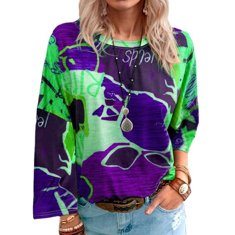 

Женские футболки с круглым вырезом, 3D-принтом в стиле граффити, с цветными блоками, повседневные, с длинным рукавом - Мягкая одежда для весны и осени, свободного кроя 5XL