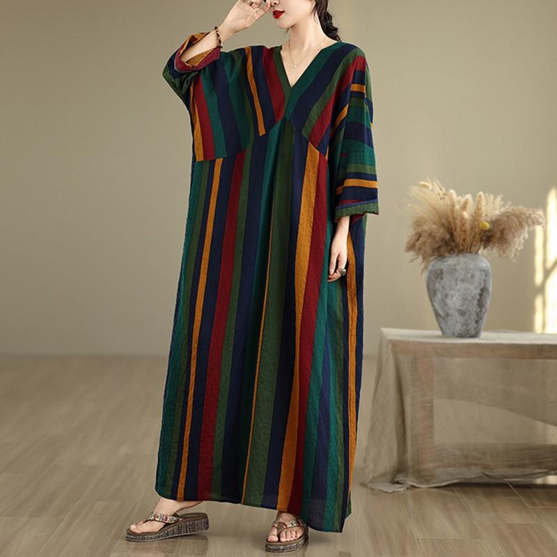 Long sleeve plus size cotton vintage Stripe new in dresses for women casual loose Maxi spring autumn dress