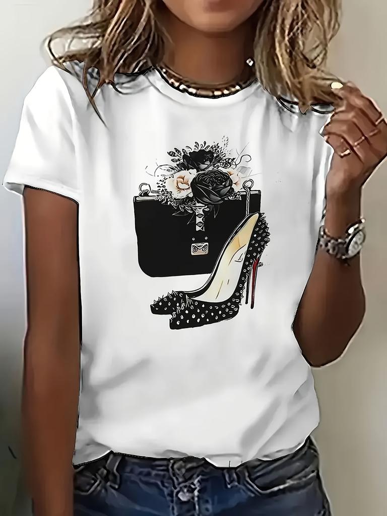 Fashion Unisex 100 Cotton Crew Neck TShirt Sweet Purse High Heels Print Short Sleeve Soft Casual Comfortable Daily Trendy